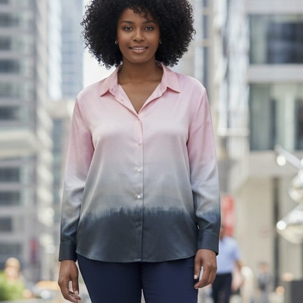 Banana Republic Ombre Landscape Button Down Shirt Pink Grey Artsy Chic Boho L